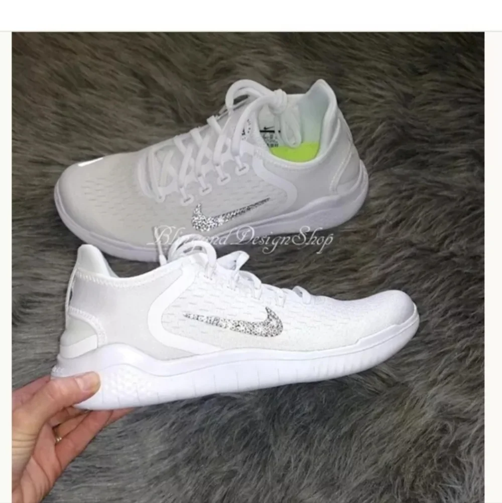 Bling Nike Free RN 2018 White Sneakers Customized with Crystal Rhinestones
